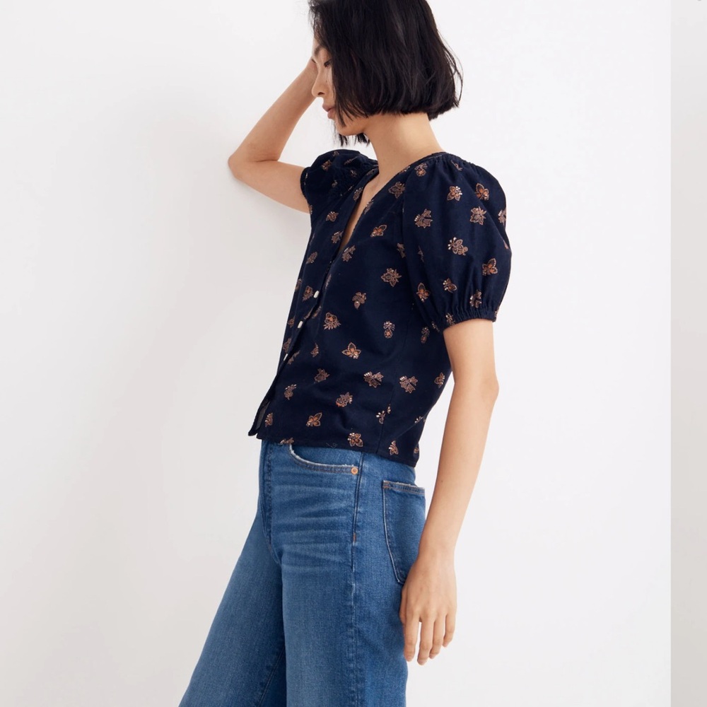Madewell Shirt Women's Medium Corduroy Bubble Sleeve Crop Shirt Navy Blockprint - Picture 2 of 14